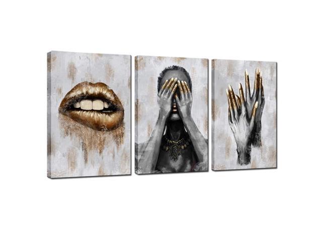 sechars - 3 Panel Wall Art Black Woman with Golden Lip Nails Painting Canvas Prints for Living Room Beauty Salon Decorations Contemporary Grey and