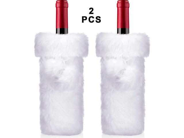 Christmas Faux Fur Wine Bottle Covers Xmas White Plush Wine Bottle Bags for Winter Holiday Party Bottle Decorations (2)