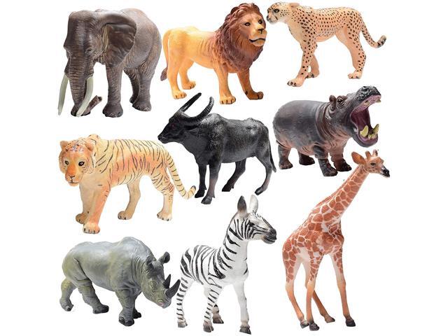 Prextex Realistic Looking Safari Animal Figures - 9 Large Plastic Jungle Animal Toys with Educational Animals Book