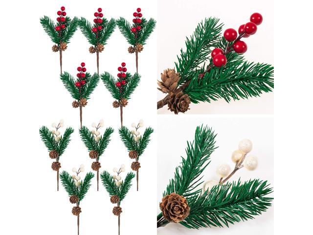 Whaline 10Pcs Artificial Pine Picks Christmas Pine Needles Red and White Berries Pine Branches for Christmas Craft Wreath Pick & Winter Holiday