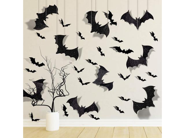 Whaline 63Pcs Halloween PVC 3D Bats Include 15Pcs 32 X 175cm Super Giant Hanging Bats and Wall Stickers Window Decal Party Outsides Yard Decor