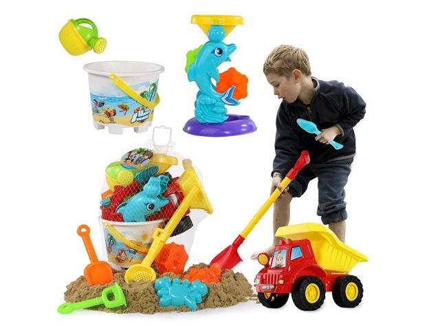 Temi Beach Sand Toys Set with Water Wheel Dump Truck Bucket Shovels Rakes Watering Can Molds Outdoor Tool Kit for Kids Toddlers Boys and