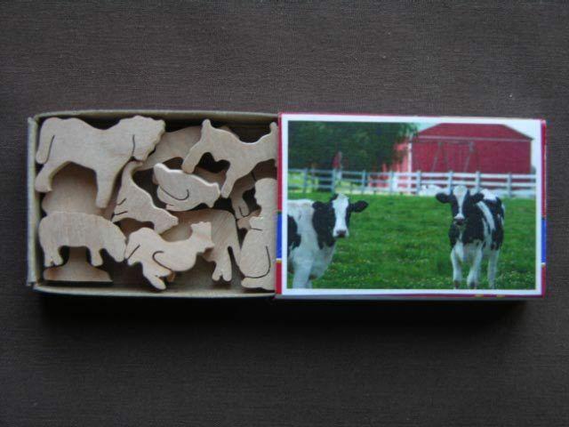 Mini Match Box Farmer Farm Set Hand Cut Wooden Animal Cow Horse Miniature Toy