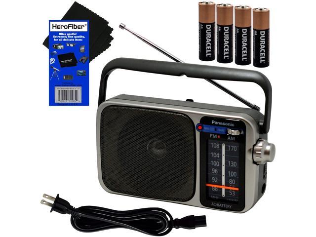 Panasonic Portable AM/FM Radio with Great Reception Led Tuning Indicator Compact Size + 4 AA Batteries + HeroFiber Ultra Gentle Cleaning Cloth