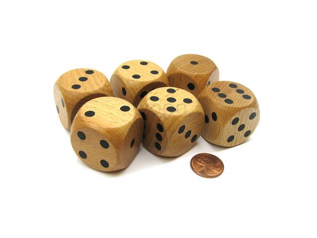 Koplow Games Set of 6 D6 Large Jumbo 30mm Rounded Wood Dice - Wooden with Black Pips