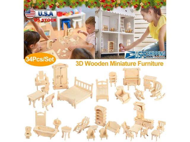 For Doll 34 Pcs Wooden Mini 3D Puzzle DIY Miniature Dollhouse Furniture Models