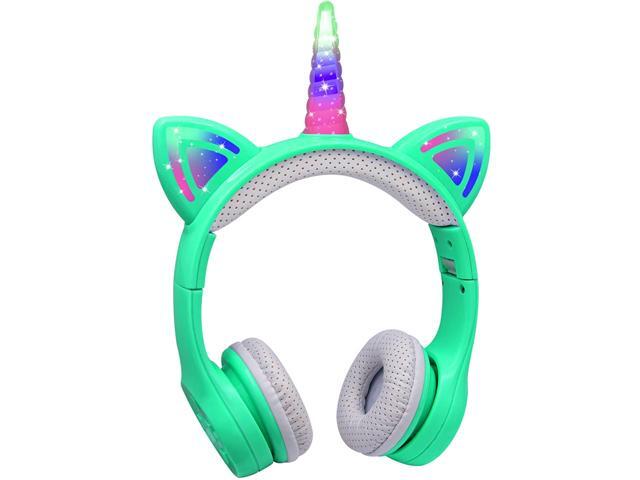 Unicorn Kids Headphones Wireless Yusonic Cat Ear Bluetooth Headphones Foldable for Girls Boys Toddlers Tablet School Travel Led Light Up Kids