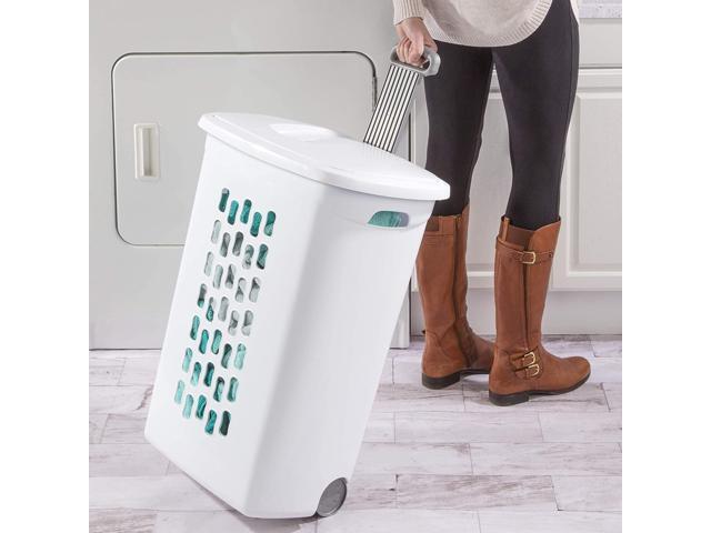 Sterilite 12228003 Ultra Wheeled Hamper White Lid & Base w/ Plastic Handle & Wheels 3-Pack