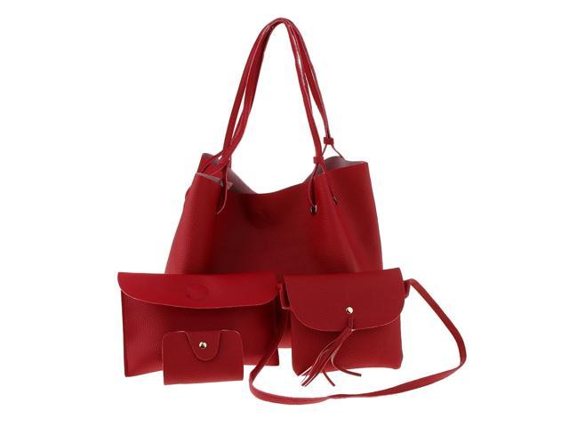 4pcs Women PU Leather Handbag Shoulder Bag Tote Purse Messenger Set Red (747893638315 Belts & Suspenders) photo