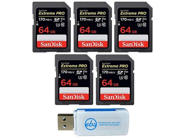 64GB Five Pack Extreme Pro Memory Card SDSDXXY064GGN4IN SDXC 4K V30 UHSI with Everything But Stromboli TM Combo Reader