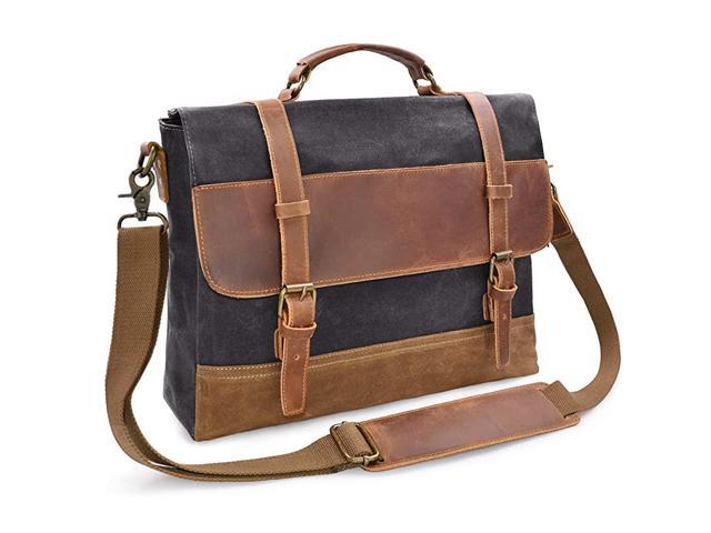 Messenger Bag 156 Inch Waterproof Vintage Genuine Leather Waxed Canvas Briefcase Large Satchel Shoulder Bag Rugged Leather Computer Laptop Bag Grey
