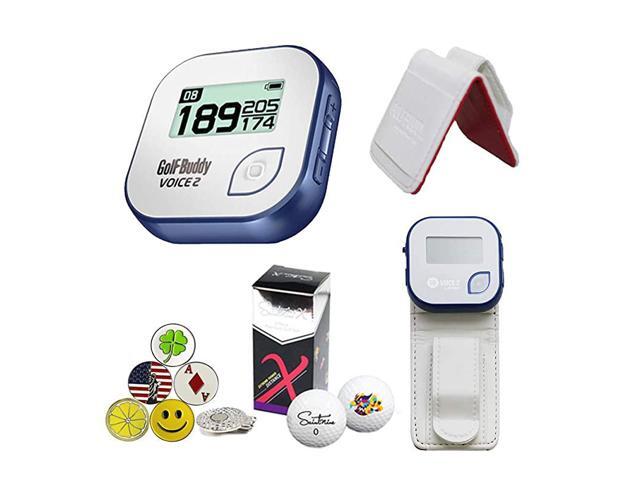 Voice 2 Golf GPSRangefinder Bundle with 1 Magnetic Hat Clip and 5 Ball Markers and Saintnine 2 Ball Sleeve and Belt Clip White