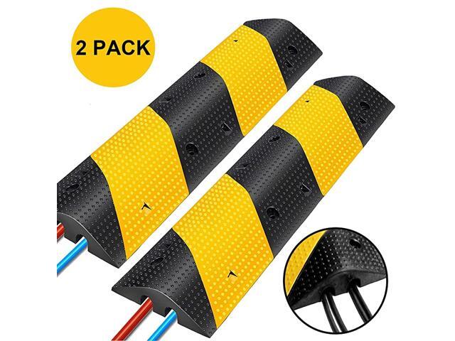2PC Rubber Traffic Speed Bumps w 2 Channel Heavy Duty Modular Driveway Speed Bump Black Yellow Cable Protector Ramp for Garage Loading Dock Parking