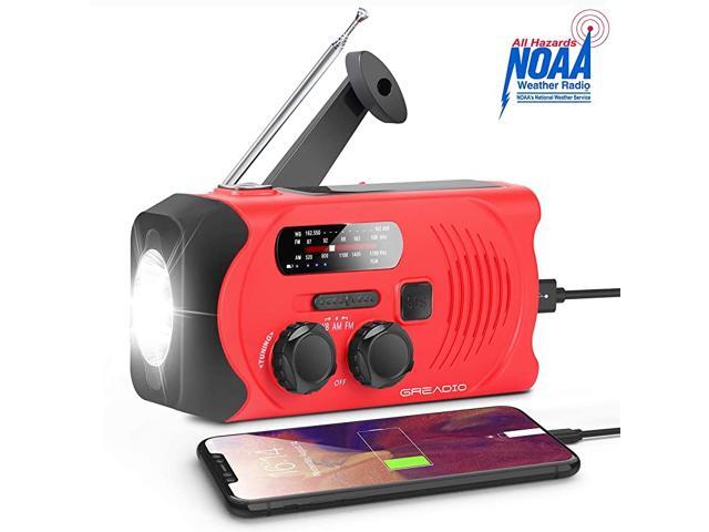 AMFMNOAA Weather Solar Crank Radio with SOS Alarm Bright Flashlight and 2000mAh Power Bank for and Outdoor Activies RED