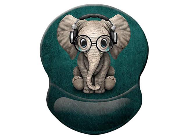 Mouse Pad with Gel Wrist Rest Cute Green Headset Music Elephant Pattern Comfortable Mouse Pad with Wrist Support Pain Relief Mousepad with NonSlip