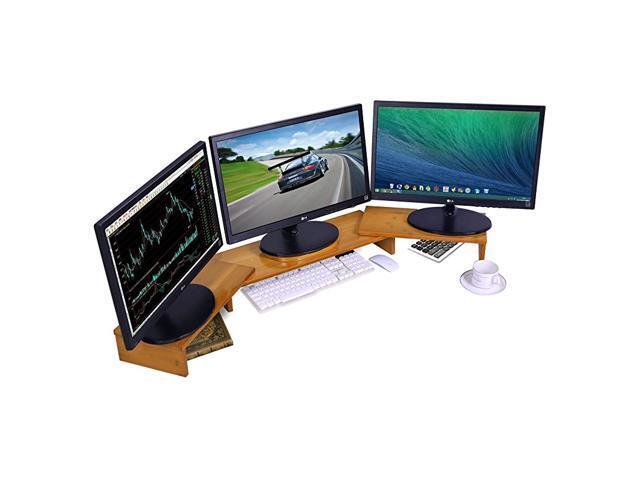 Bamboo Monitor Stand Riser Adjustable Length Angle for 3 Monitors Dual Triple Computer Screen Raiser PC Laptop Holder Desktop Organizer for Home
