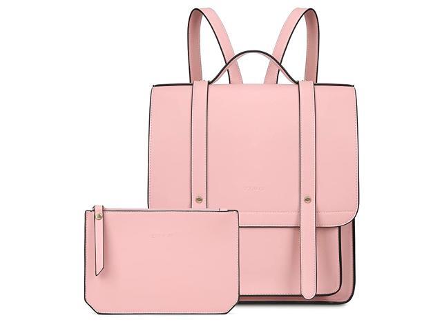 Laptop Backpack Women Briefcase PU Leather Satchel Backpack for School Messenger Bag Fits up to 14 Inch Laptop with Small Purse Pink