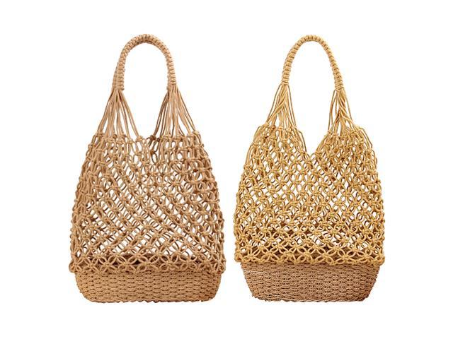 2 Pieces Womens Handmade Straw Shoulder Bag Summer Knit Purse Brown+Yellow (825201592211 Belts & Suspenders) photo