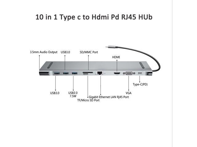 10 in 1 Multifunction HUB 4K USB Type-C to USB 30 TF HDMI VGA RJ45 Aluminium Alloy Mini DP Docking Station For Laptop