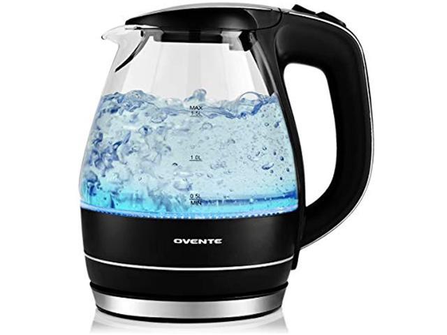 Ovente Portable Electric Glass Kettle 15 Liter with Blue LED Light and Stainless Steel Base Fast Heating Countertop Tea Maker Hot Water Boiler
