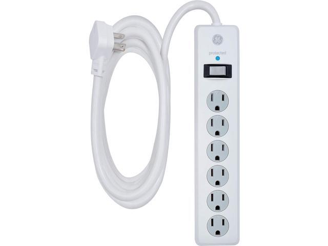 GE 6 Outlet Surge Protector 10 Ft Extension Cord Power Strip 800 Joules Flat Plug Twist-to-Close Safety Covers White 14092
