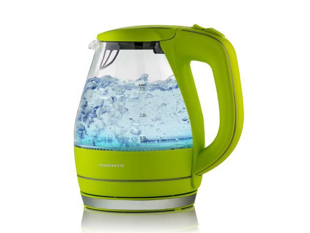 Ovente Portable Electric Glass Kettle 15 Liter with Blue LED Light and Stainless Steel Base Fast Heating Countertop Tea Maker Hot Water Boiler