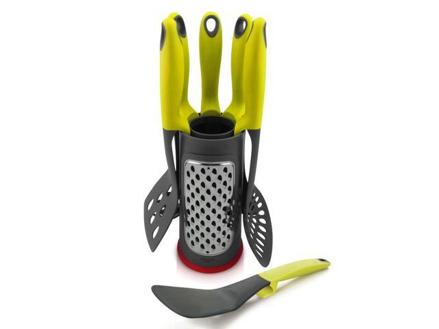 Ovente 2 In 1 Kitchen Utensil Set with Stand Holder & Grater 6 Piece Cooking Spatula Tools with Heat Resistant Nonstick Coated Nylon Easy Clean