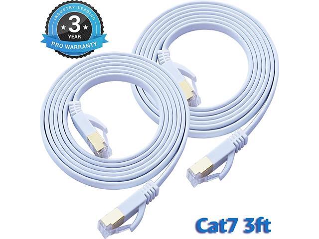 7 Ethernet Cable 3 ft 2 Pack LAN Cable Internet Network Cord for PS4 Xbox Router Modem Gaming White Flat Shielded 10 Gigabit RJ45 High Speed