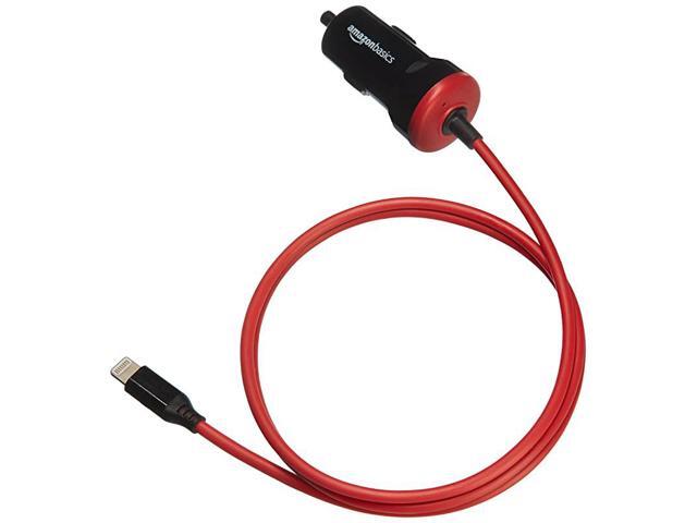 Straight Cable Lightning Car Charger 5V 12W 3 Foot Black and Red
