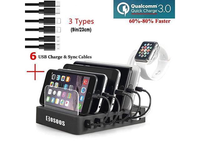Fastest Charging Station with Quick Charge QC 30 63W 12A 6Port USB Charging Station for Multiple Devices with 6 Mixed Short Cables lWatch