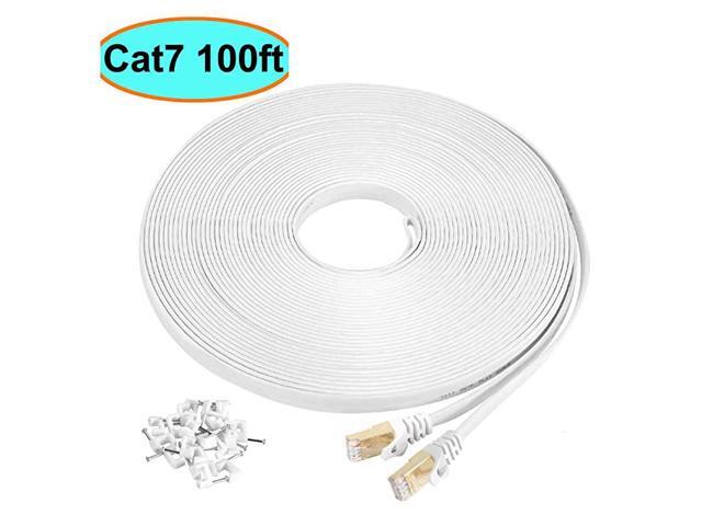 Cat7 Ethernet Cable 100 ft White Shielded STP High Speed Flat RJ45 Cat7Category 7 Internet LAN Computer Patch Cord Cable Faster Than Cat5Cat6100