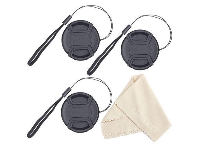 Unique Design Lens Cap Bundle 3 Pcs 77mm Center Pinch Lens Cap and Cap Keeper Leash for Canon Nikon Sony DSLR Camera + Microfiber Cleaning Cloth