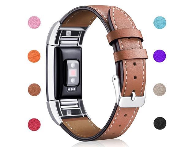 Replacement Leather Band Compatible for Charge 2 Classic Genuine Leather Wristband Metal Connector Watch Bands Fitness Strap Women Men Small Large