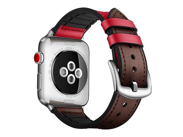 Compatible with Apple Watch Band 42mm 44mm Sweatproof Genuine Leather and Rubber Hybrid Band Strap Compatible with iWatch Series 6 5 4 3 2 1 SE