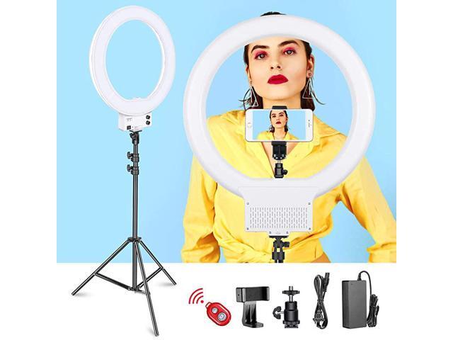 18inch White LED Ring Light with Light Stand Lighting Kit Dimmable 50W 32005600K with Soft Filter Hot Shoe Adapter Cellphone Holder for Makeup