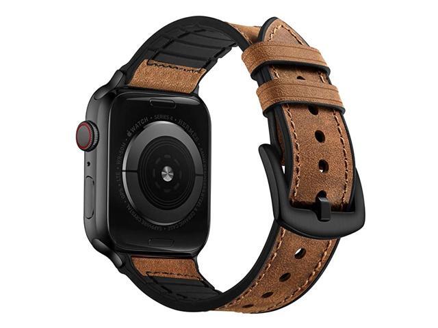 Compatible with Apple Watch Band 42mm 44mm Sweatproof Genuine Leather and Rubber Hybrid Band Strap Compatible with iWatch Series 6 5 4 3 2 1 SE