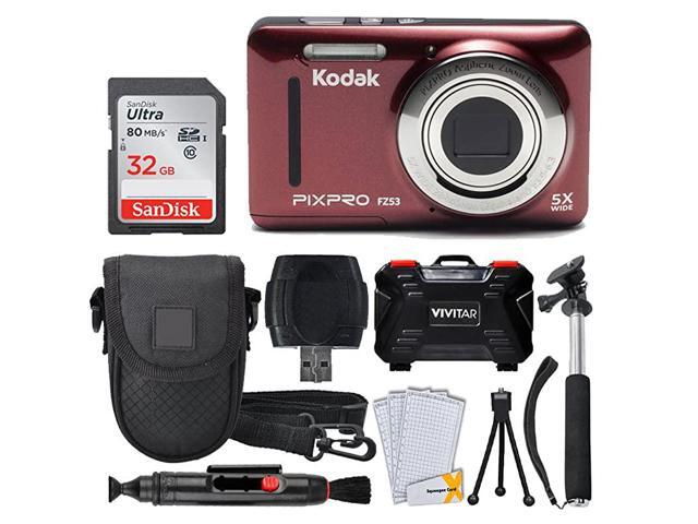PIXPRO FZ53 1615MP Digital Camera Red + 32GB Memory Card + Point and Shoot Camera Case + Extendable Monopod + Lens Cleaning Pen + LCD Screen