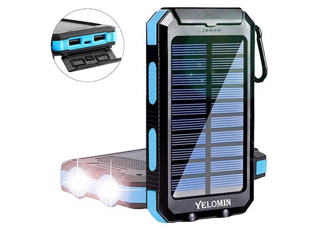 Solar Power Bank 20000mAh Portable Outdoor Mobile ChargerCamping External Backup Battery Pack Dual USB 5V 1A2A Outputs 2 Led Light Flashlight with
