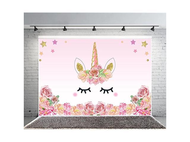 7x5FT Vinyl Backdrop Pink Unicorn Party Photography Background Roses Flowers Edge Pattern Sweet Cute Gold Star Background Birthday Baby Shower