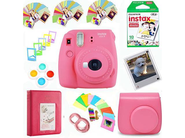 Instax Mini 9 Film Camera Flamingo Pink + Film Pack10 Shots + Pleather Case + Filters + Selfie Lens + Album + Frames Stickon Frames Exclusive