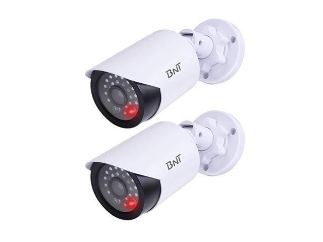 Dummy Fake Security Camera with One Red LED Light at Night for Home and Businesses Security IndoorOutdoor 2 Pack White