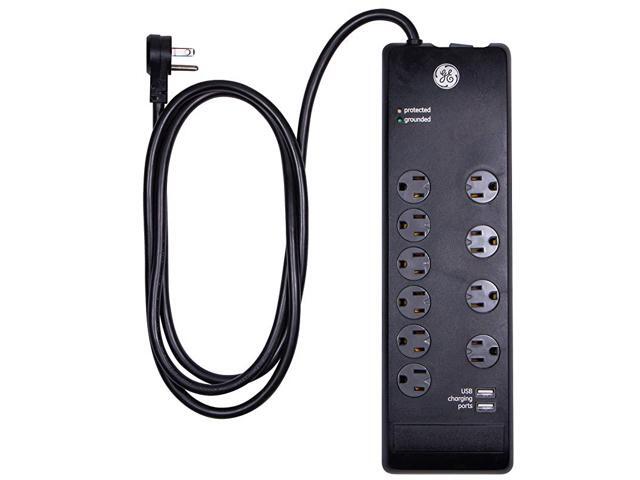 UltraPro Sur Protector 10 Outlet Power Strip 2 USB Charging Ports Extra Long 6ft Extension Cord 3 Prong Grounded Flat Plug 3000 Joules UL Listed