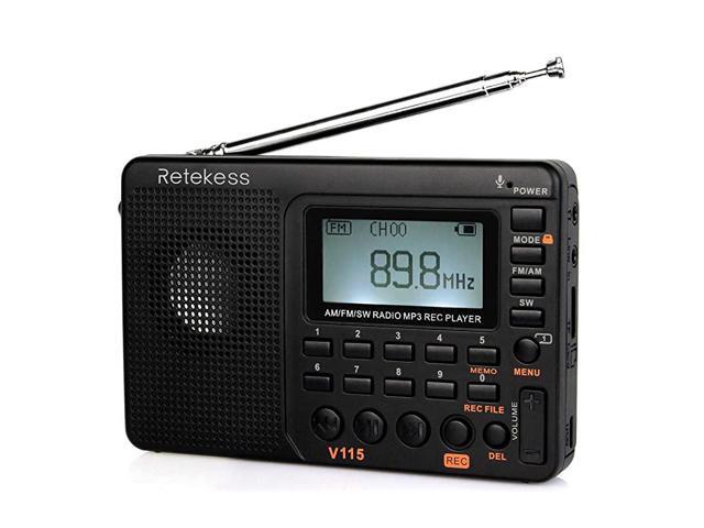 V115 Shortwave Radio AM FM Radio Digital Tuner Rechargeable Radio Support Recording Portable MP3 Radio with Bass and TF Socket Black