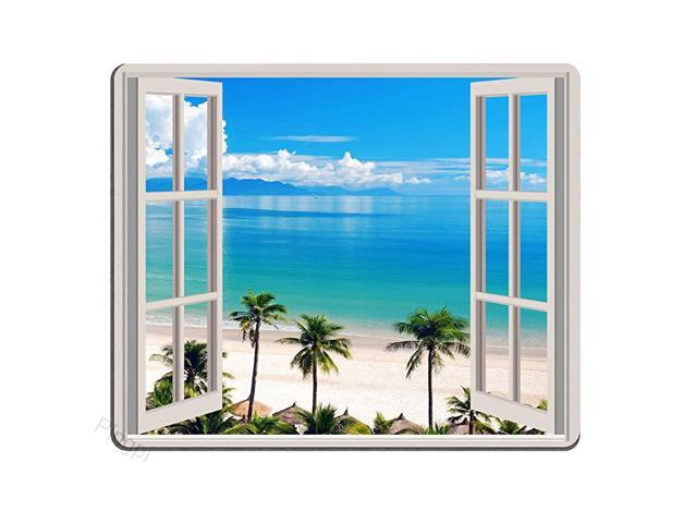 Mouse Pad Palm Trees Tropical Island Beach Nature Paradise Panoramic Picture Through Wooden Windows Scene Custom Design 95 X 79 Inch 240mmX200mmX3mm