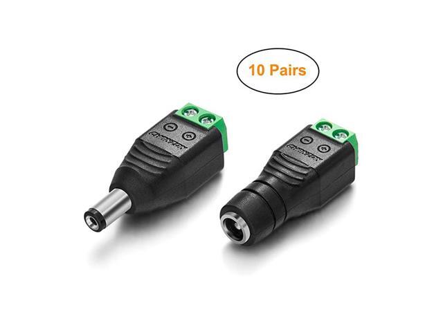 10 x Male + 10 x Female 12V DC Power Connector 55mm x 21mm 24V Power Jack Socket for Led Strip CCTV Security Camera Cable Wire Ends 10Pcs Plug