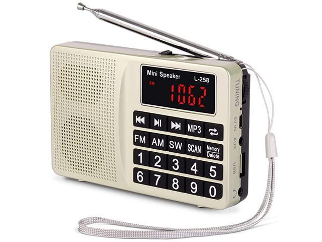 Small Portable Radio AM FM SW Digital Rechargeable Radio with Neodymium Speaker Large Buttons Support USB SD TF Card MP3 PlayerGold