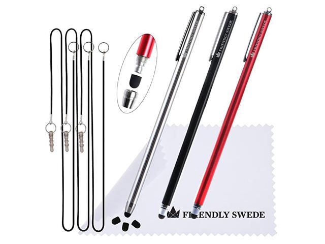Long Bundle of 3 ThinTip High Precision Universal Capacitive Stylus Pens 73 + 3 Replaceable Tips + 2 x 15 Elastic Tether Lanyards + Cleaning Cloth
