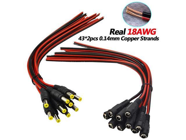 Real 18AWG 43x2pcs Copper Strands 10 Pairs DC Power Pigtail Cable Wire 12V 5A Male Female Connectors for CCTV Security Camera and Lighting Power