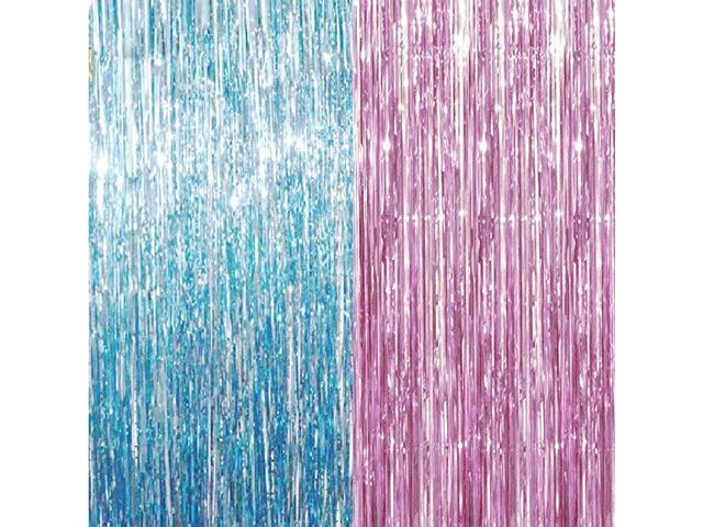 32 ft x 98 ft Metallic Tinsel Foil Fringe Curtains for Gender Reveal Photo Backdrop Wedding Decor2 PacksPinkBlue