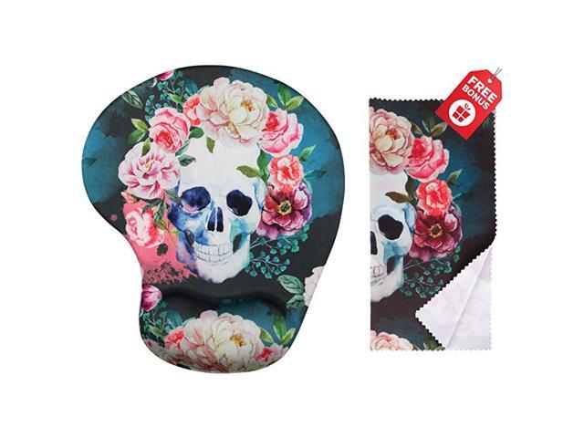 Sugar Skull Ergonomic Design Mouse Pad with Wrist Support Gel Hand Rest Matching Microfiber Cleaning Cloth for Glasses Cars Electronics Colorful
